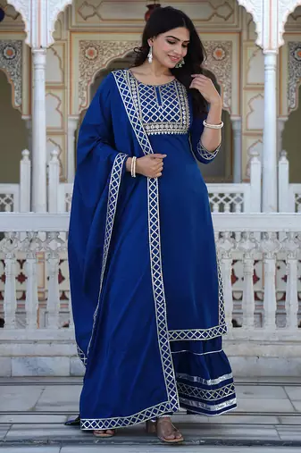 teal blue crepe kurta sharara set with embroidery