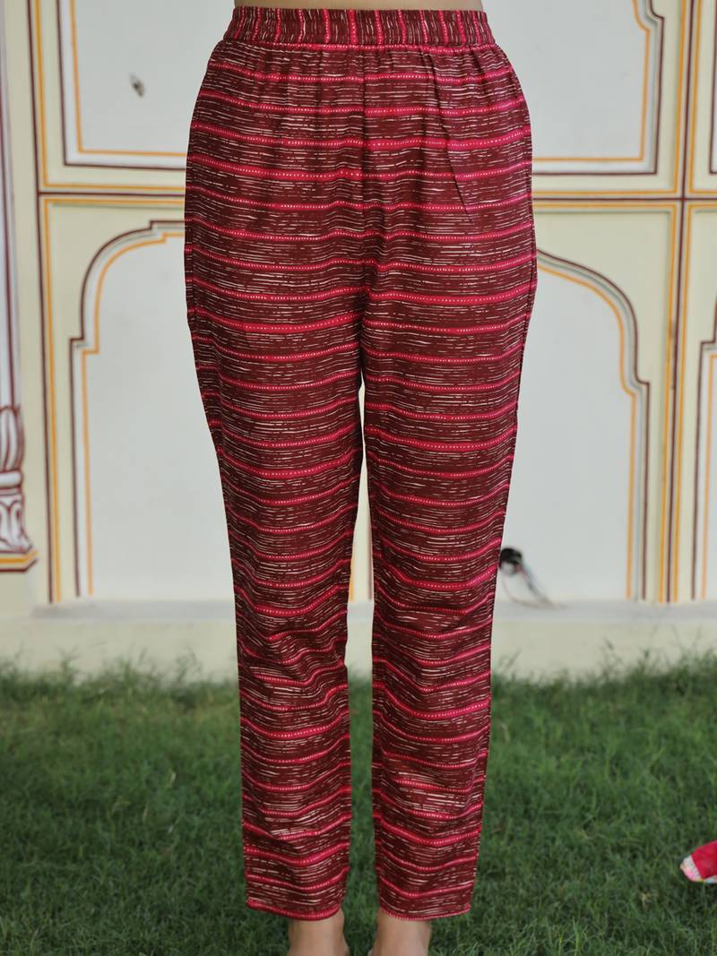 Maroon printed cotton kurta pant with dupatta