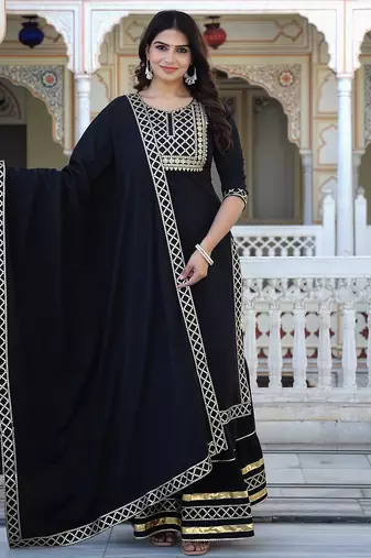 black crepe kurta sharara set with embroidery
