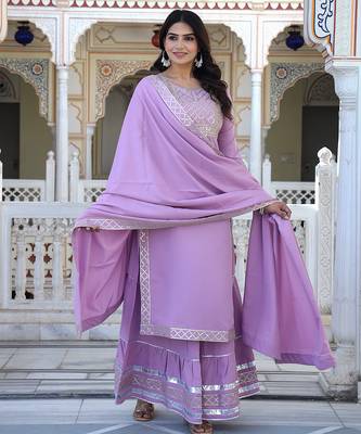 baby pink crepe kurta sharara set with embroidery 1