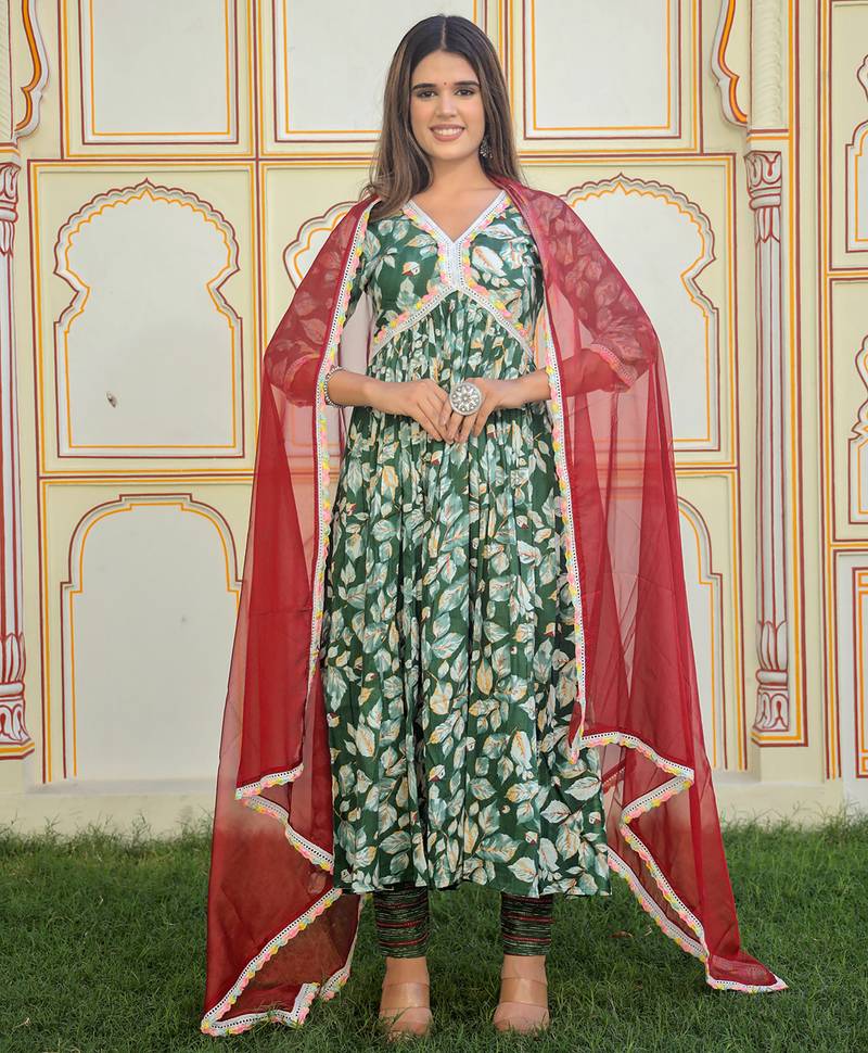 Green printed cotton kurta pant with dupatta