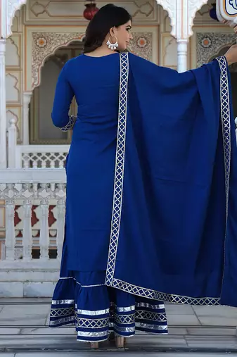 teal blue crepe kurta sharara set with embroidery