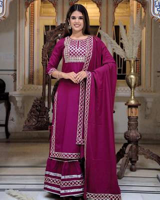 wine crepe kurta sharara set with embroidery 1