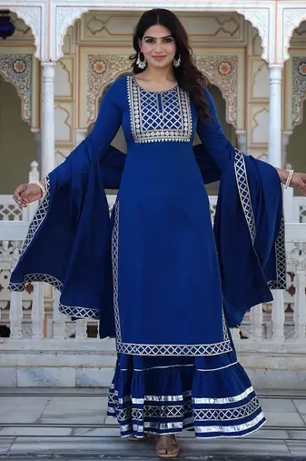 teal blue crepe kurta sharara set with embroidery