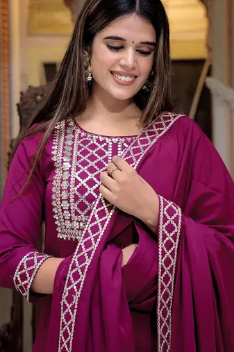 wine crepe kurta sharara set with embroidery
