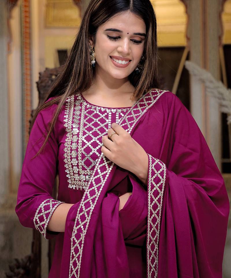 Wine embroidered crepe kurta pant with dupatta