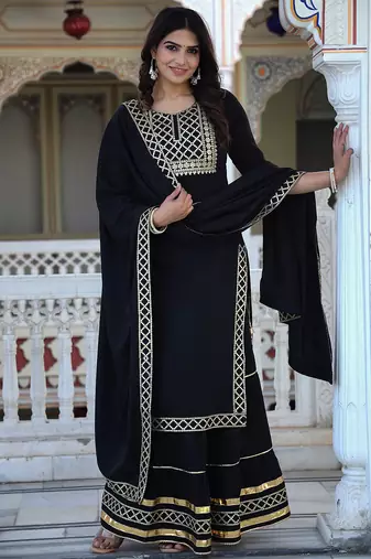 black crepe kurta sharara set with embroidery