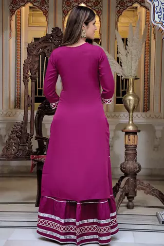 wine crepe kurta sharara set with embroidery