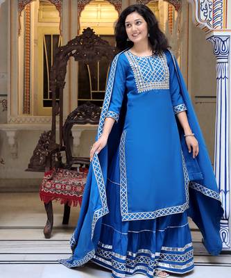 blue crepe kurta sharara set with embroidery 2