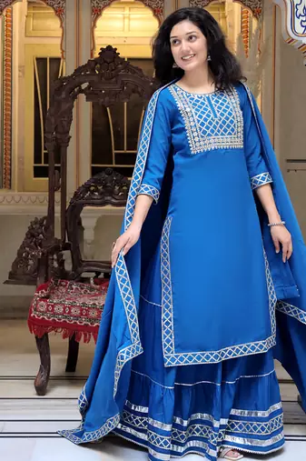 blue crepe kurta sharara set with embroidery