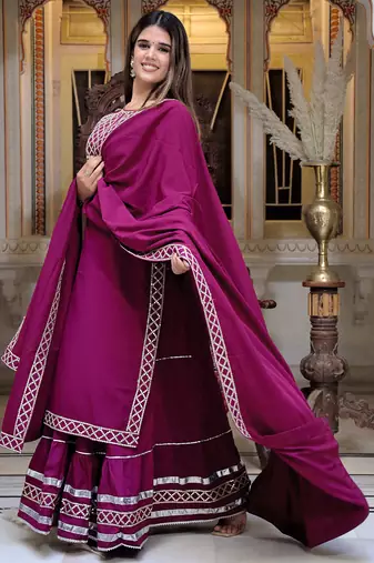 wine crepe kurta sharara set with embroidery