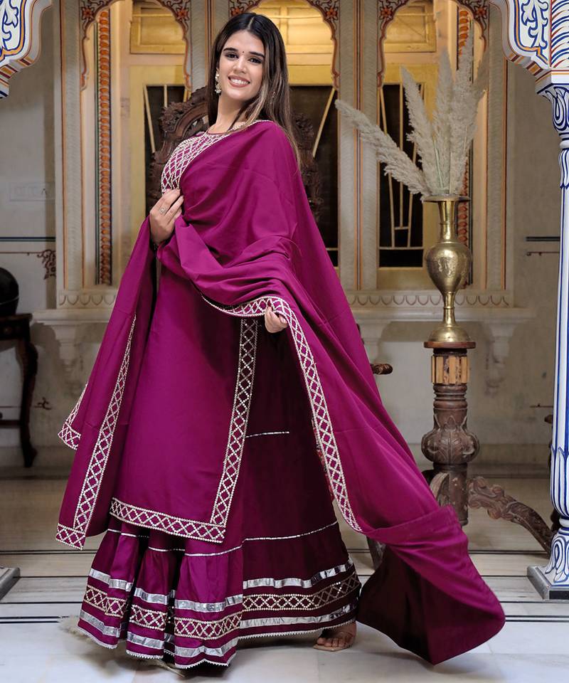 Wine embroidered crepe kurta pant with dupatta