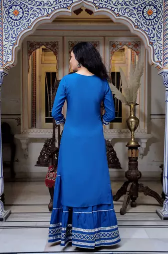 blue crepe kurta sharara set with embroidery