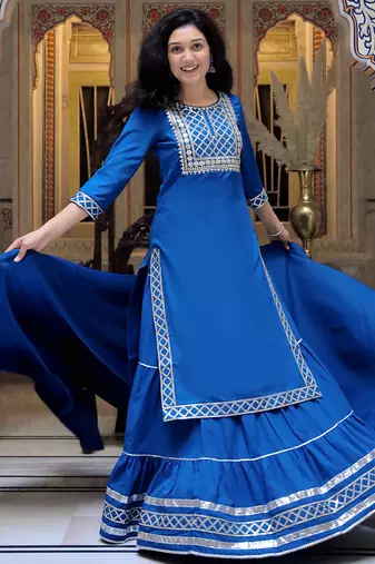 blue crepe kurta sharara set with embroidery