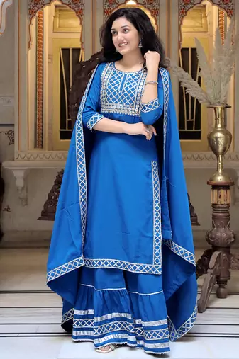 blue crepe kurta sharara set with embroidery