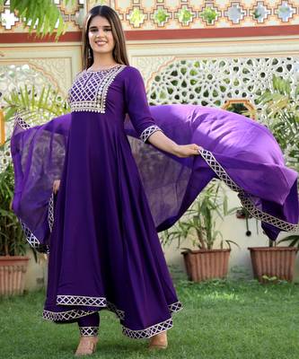 purple rayon anarkali kurta set with embroidery 1