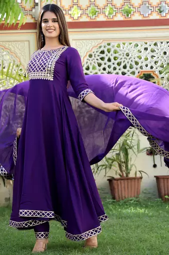 Purple embroidered viscose rayon kurta pant with dupatta