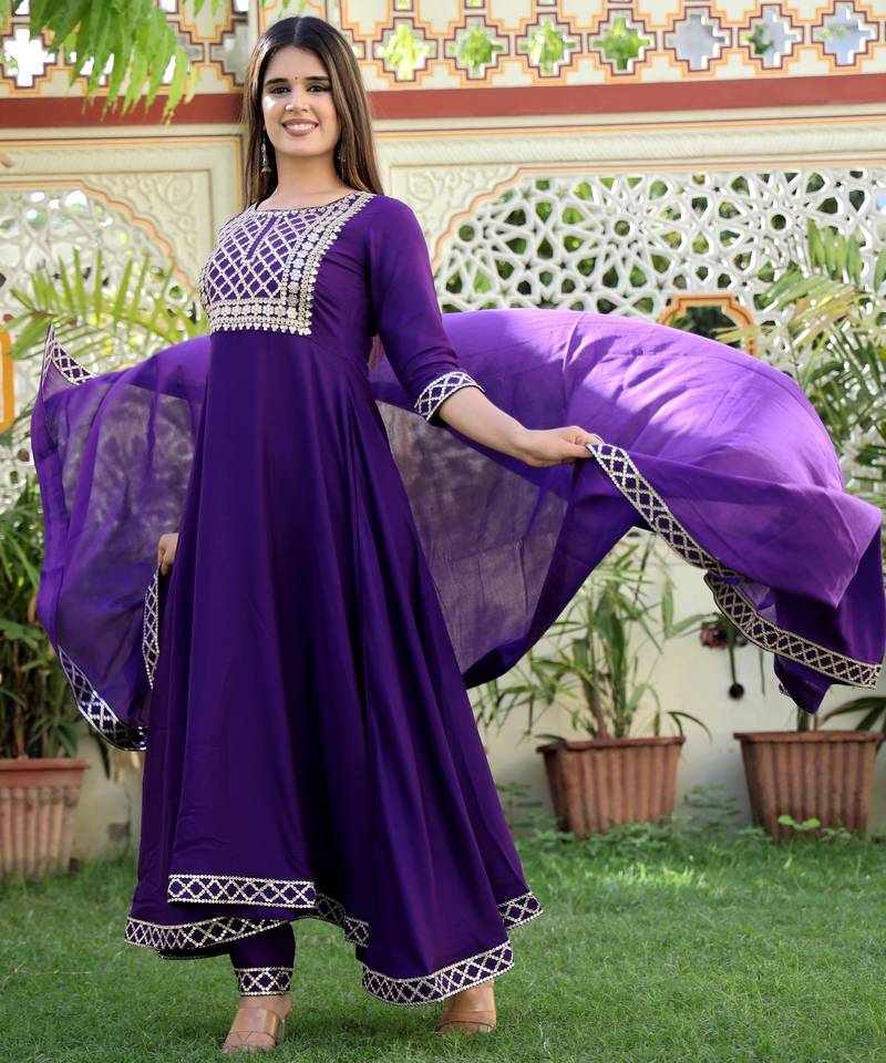 Purple embroidered viscose rayon kurta pant with dupatta