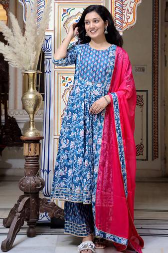 Blue printed cotton kurta pant with dupatta