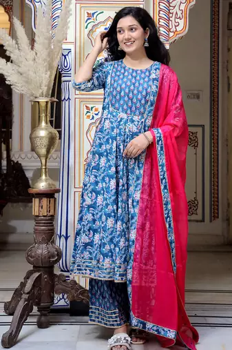 Blue printed cotton kurta pant with dupatta