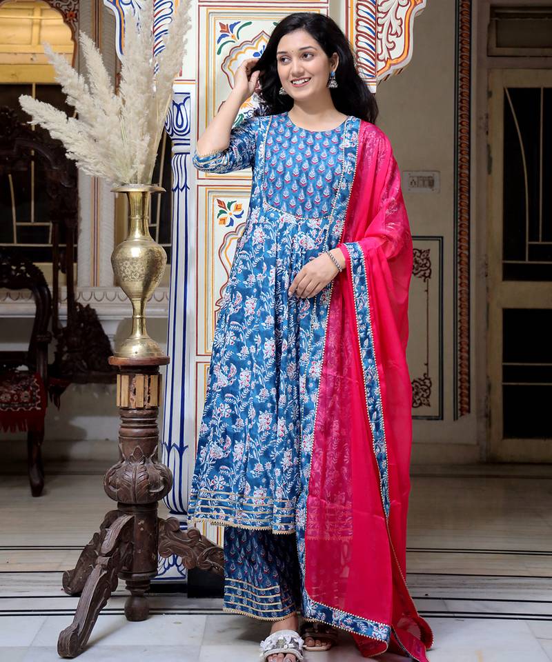 Blue printed cotton kurta pant with dupatta