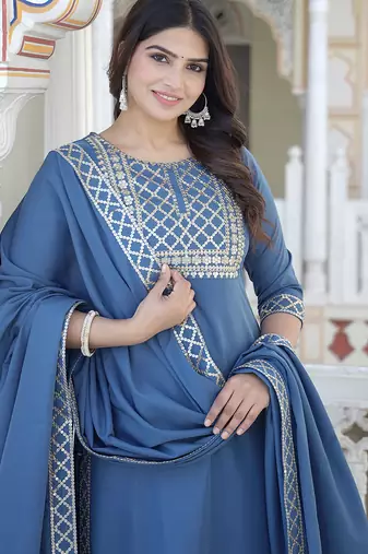 grey crepe kurta sharara set with embroidery