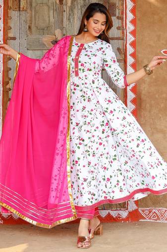 White embroidered cotton kurta pant with dupatta