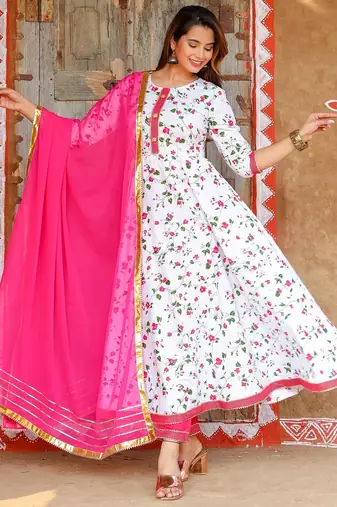 White embroidered cotton kurta pant with dupatta