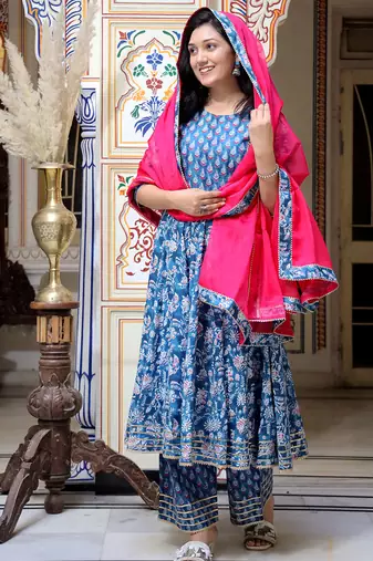 blue cotton anarkali kurta set with embroidery
