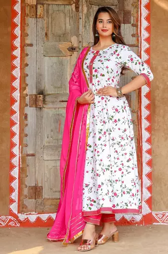 white cotton kurta pant set with printed work