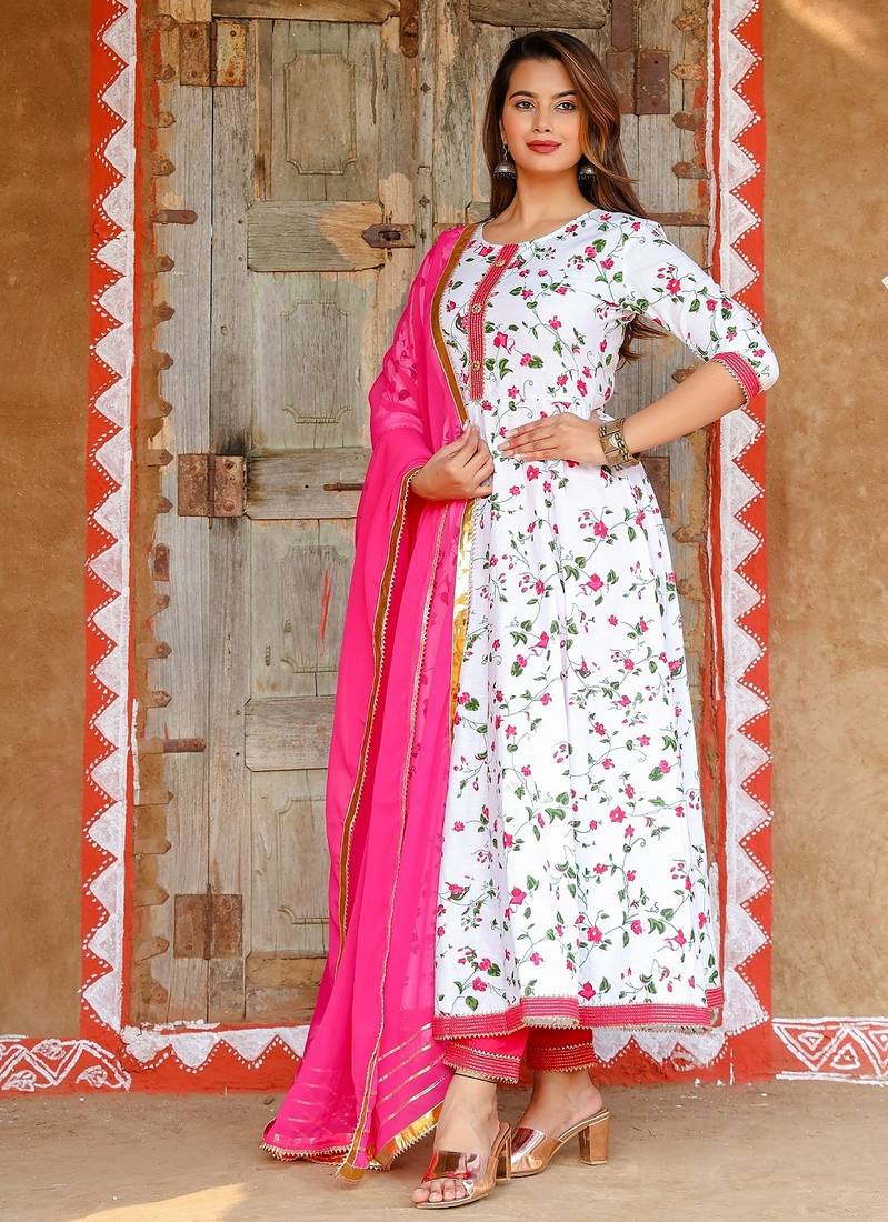 White embroidered cotton kurta pant with dupatta