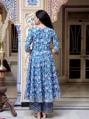 blue cotton anarkali kurta set with embroidery 3