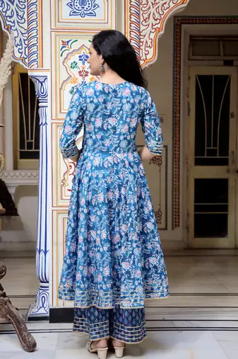 blue cotton anarkali kurta set with embroidery