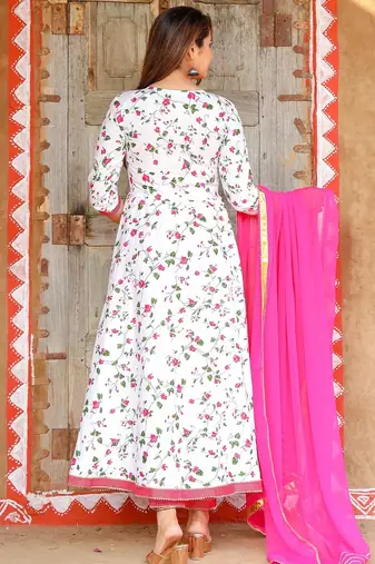 white cotton kurta pant set with printed work
