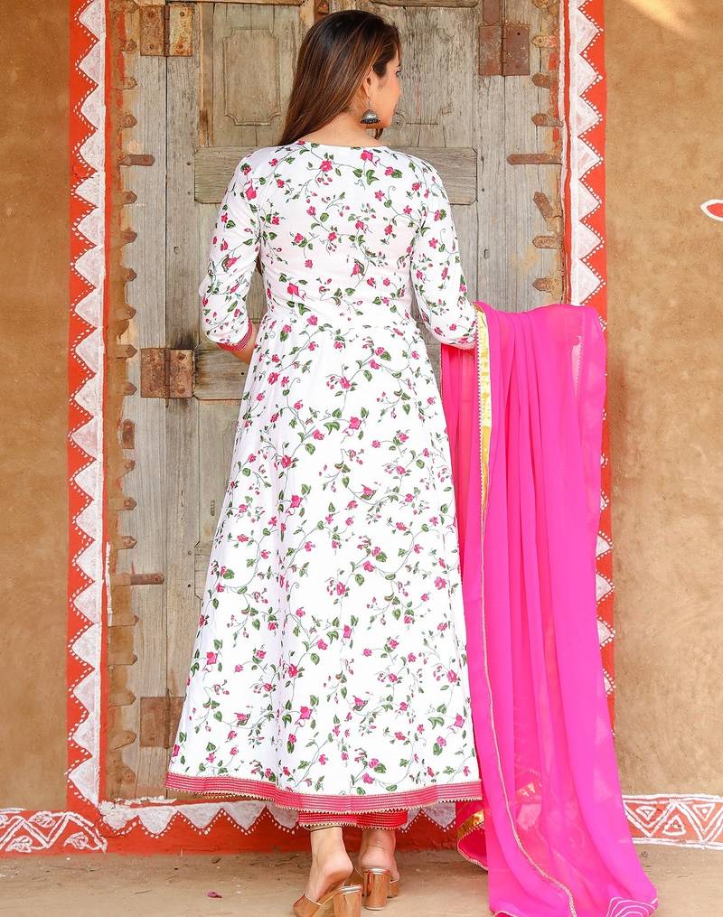 White embroidered cotton kurta pant with dupatta