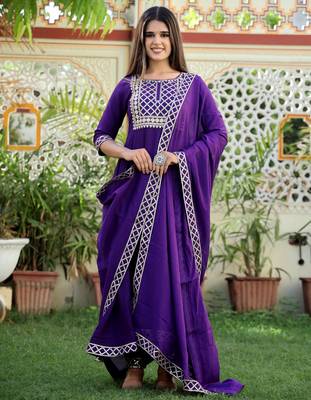 purple rayon anarkali kurta set with embroidery 2