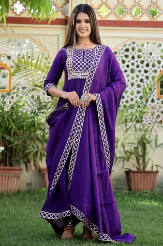 purple rayon anarkali kurta set with embroidery