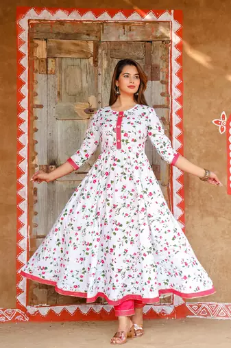 white cotton kurta pant set with printed work