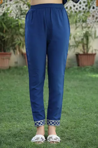 teal blue crepe kurta pant set with embroidery