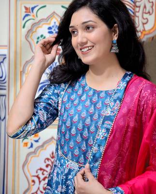 blue cotton anarkali kurta set with embroidery 5