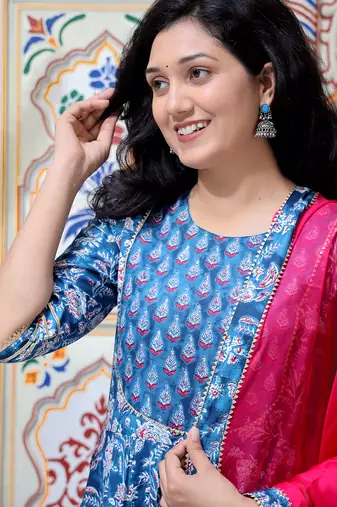 blue cotton anarkali kurta set with embroidery