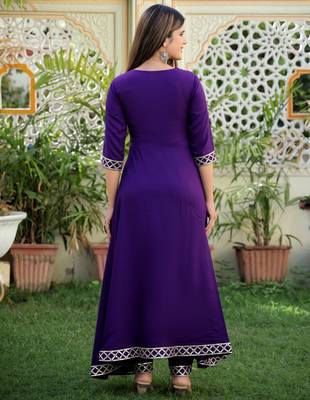 purple rayon anarkali kurta set with embroidery 3