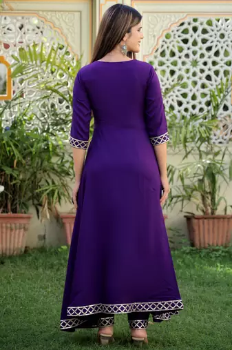 purple rayon anarkali kurta set with embroidery