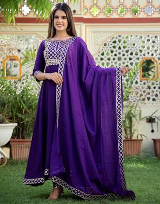 purple rayon anarkali kurta set with embroidery 4