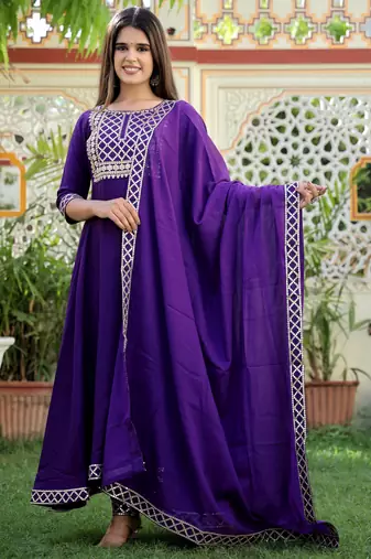 purple rayon anarkali kurta set with embroidery