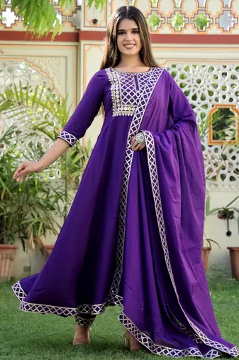 purple rayon anarkali kurta set with embroidery