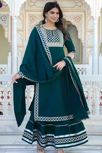 green crepe kurta sharara set with embroidery