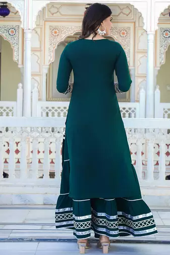 green crepe kurta sharara set with embroidery