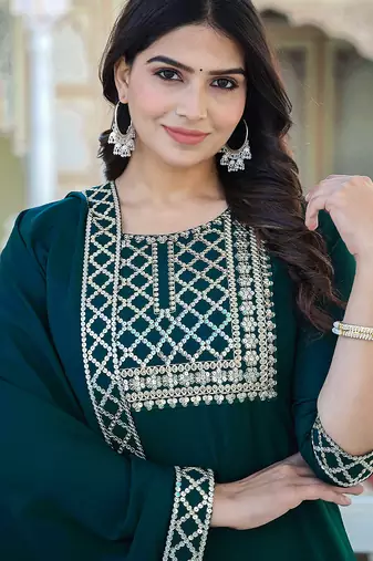 green crepe kurta sharara set with embroidery