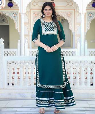 green crepe kurta sharara set with embroidery 5